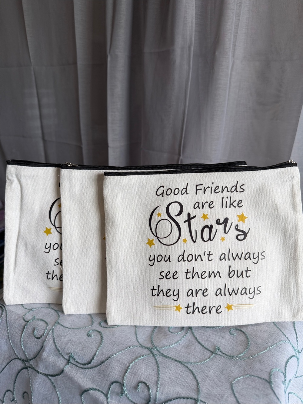 Friendship Canvas Zip Pouch - White with Gold and Black Star Design